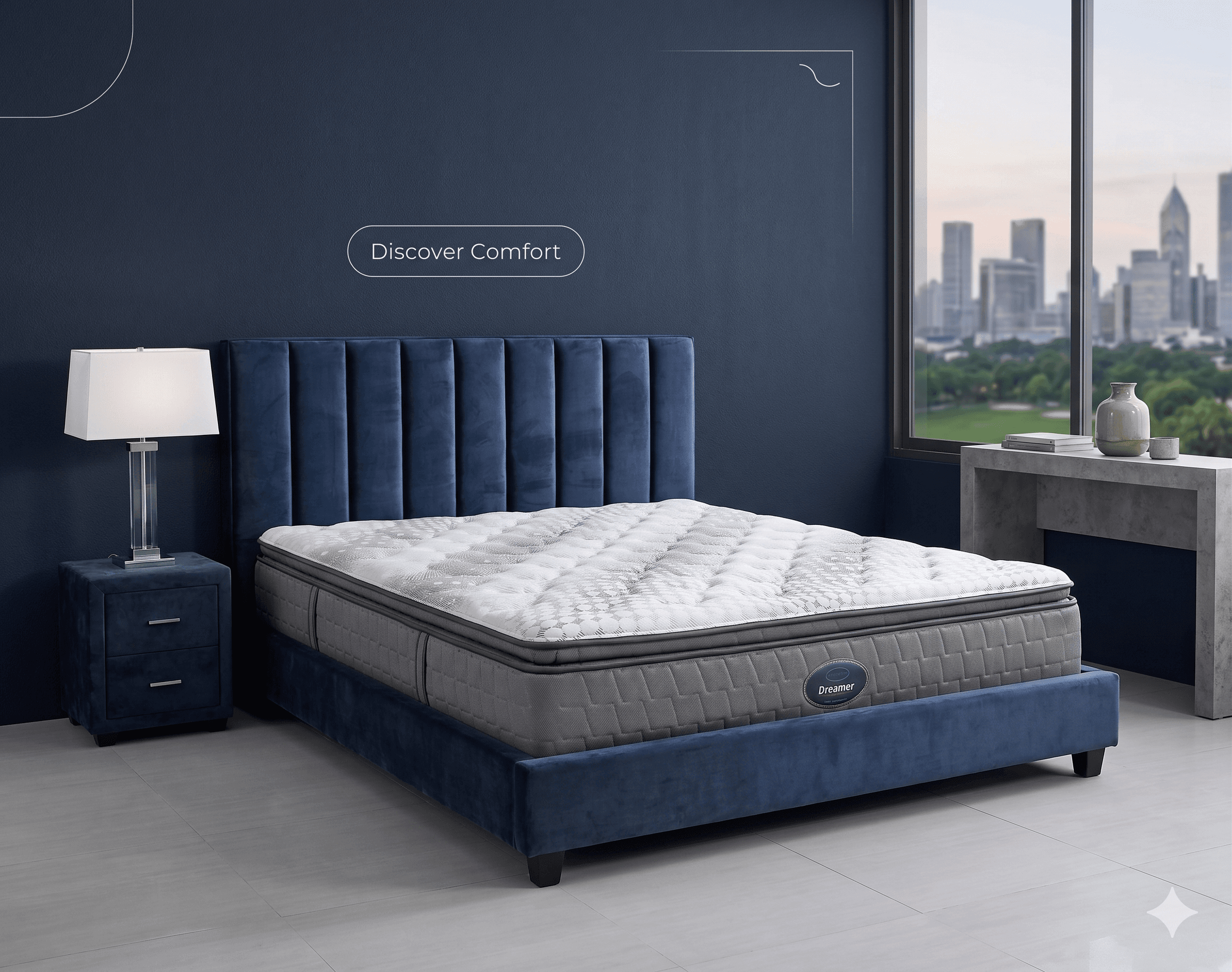 Luxurious queen bed with crisp white linens